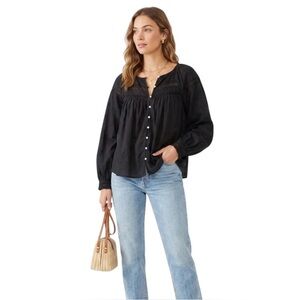 Old Navy Eyelet Long Sleeve Blouse XS Black Boho Peasant Cottagecore Romantic